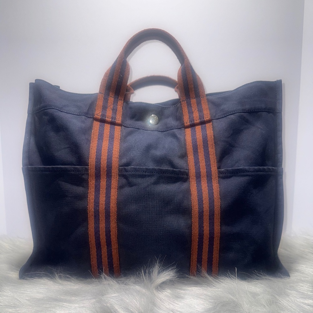 Hermes Vintage Fourre Navy Blue Canvas Tote